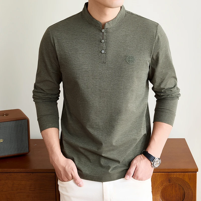 Embellish Knit - Mens Mandarin Collar Long Sleeve Tee