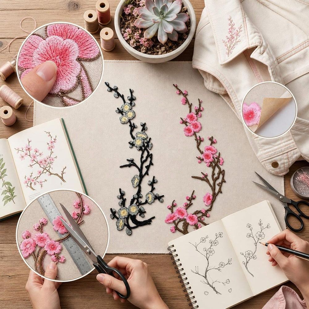 DIY Cherry Blossom Iron On Pat - Applique Patch Flower ulasan dan harga